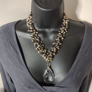 Very Pretty 19 Inch Black Fabric And Orangish Glass Bead Necklace